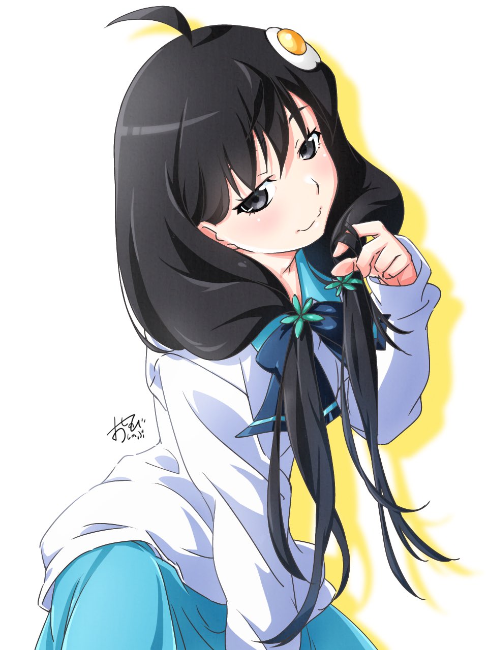 1girl ahoge araragi_tsukihi black_eyes black_hair blue_sailor_collar blue_skirt blush commentary_request egg_hair_ornament food-themed_hair_ornament hair_ornament hair_twirling highres long_hair looking_at_viewer low_twintails monogatari_(series) neckerchief oshinobi_shinobu sailor_collar school_uniform serafuku shirt skirt smile solo twintails white_shirt