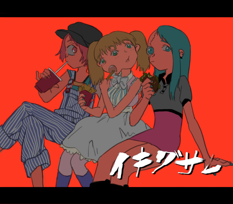 3girls :/ arm_support asymmetrical_hair blonde_hair blue_eyes blue_hair blue_overalls blue_socks boots bow bowtie burger cabbie_hat closed_mouth commentary_request crossed_legs cup cyclops dress drinking drinking_straw drinking_straw_in_mouth eating expressionless feet_out_of_frame food green_eyes green_shirt grey_bow grey_bowtie grey_dress grey_shirt group_name hat high-waist_skirt holding holding_food ichigou_(ikigusare) ikigusare imminent_bite invisible_chair knee_boots kneehighs letterboxed long_hair looking_at_viewer multiple_faces multiple_girls nanjou_(y-jiku) nigou_(ikigusare) one-eyed open_mouth overalls pink_eyes pink_hair pink_skirt pinstripe_overalls polo_shirt red_background sangou_(ikigusare) shirt short_sleeves sidecut simple_background sitting skirt sleeveless sleeveless_dress sleeveless_shirt socks stitched_face stitches twintails undercut