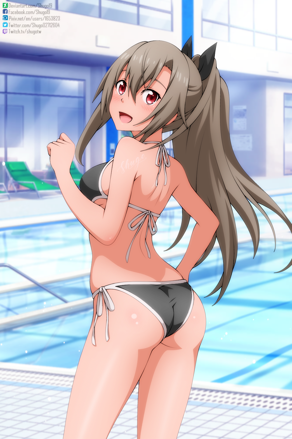 1girl :d ass bare_arms bare_shoulders bikini black_bikini black_bow blush bow breasts commentary_request cowboy_shot day deviantart_logo deviantart_username english_commentary eydis_(sao) facebook_logo facebook_username german_commentary grey_hair hair_between_eyes hair_bow hand_on_own_hip hand_up highres long_hair looking_at_viewer looking_back medium_breasts mixed-language_commentary open_mouth outdoors pixiv_logo pixiv_username ponytail pool red_eyes shugo19 side-tie_bikini_bottom sideboob sidelocks smile solo standing swimsuit sword_art_online sword_art_online:_alicization sword_art_online:_alicization_rising_steel twitch_username twitter_logo twitter_username white_trim