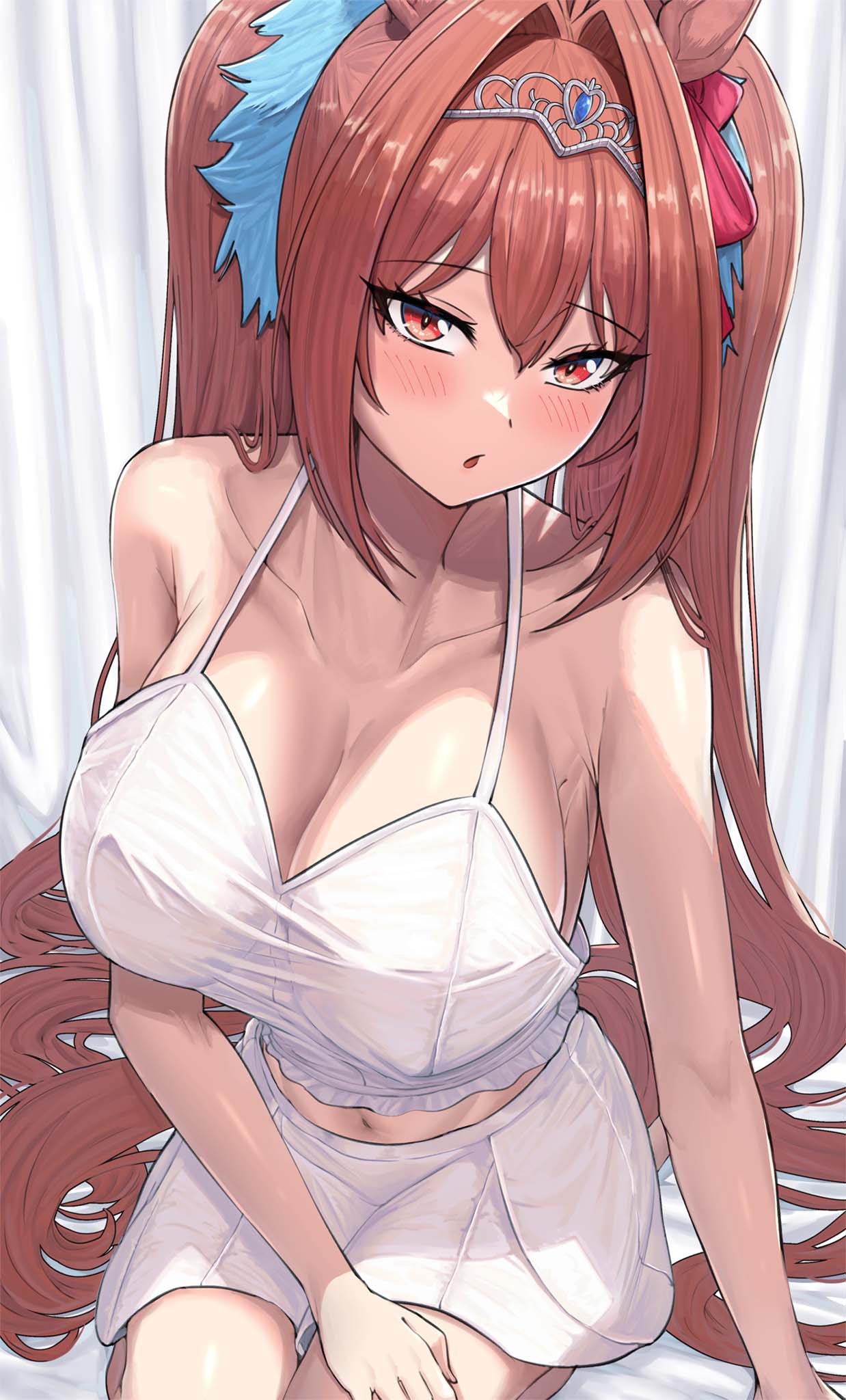 1girl animal_ears bare_shoulders blush bow breasts chestnut_mouth cleavage collarbone commentary_request commission curtains daiwa_scarlet_(umamusume) dolphin_shorts hair_between_eyes hair_bow hair_intakes highres horse_ears horse_girl horse_tail large_breasts long_hair looking_at_viewer midriff navel red_bow red_eyes red_hair shorts sitting skeb_commission solo tail take978733141 tank_top tiara twintails umamusume very_long_hair white_shorts white_tank_top