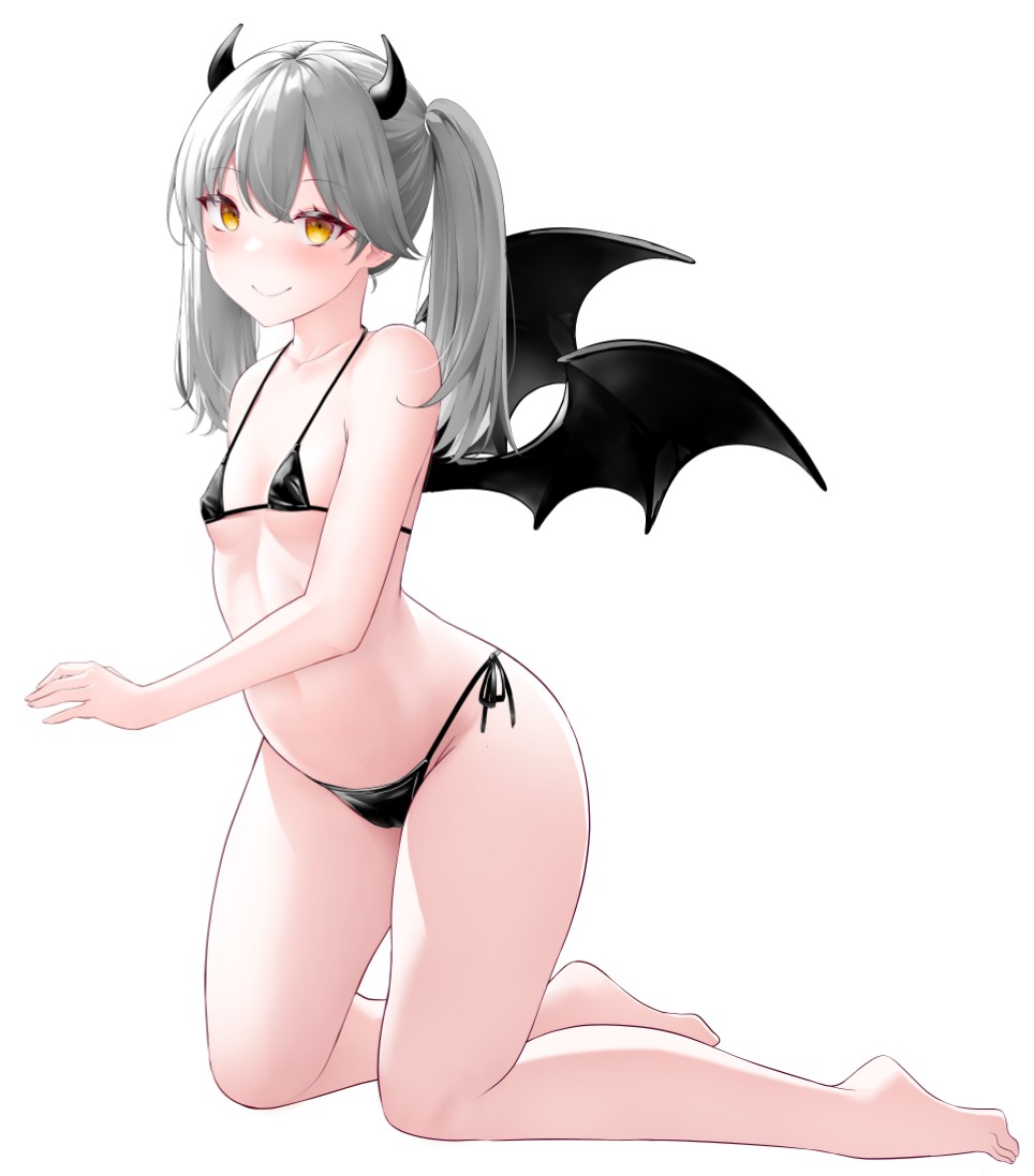 1girl alternate_hair_color barefoot bat_wings bikini black_wings breasts demon_wings grey_hair kantai_collection kirigakure_(kirigakure_tantei_jimusho) kneeling long_hair micro_bikini ryuujou_(kancolle) side-tie_bikini_bottom small_breasts solo swimsuit twintails wings yellow_eyes