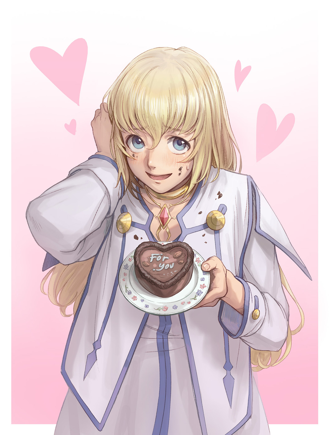 1girl blonde_hair blue_eyes blush candy chocolate choker colette_brunel dress food food_on_clothes food_on_face furrowed_brow hair_between_eyes hair_tucking heart heart-shaped_chocolate highres holding holding_plate incoming_food jewelry kazuko_(towa) long_hair looking_at_viewer nervous_smile open_mouth pantyhose pink_background plate shy smile solo tales_of_(series) tales_of_symphonia upper_body valentine