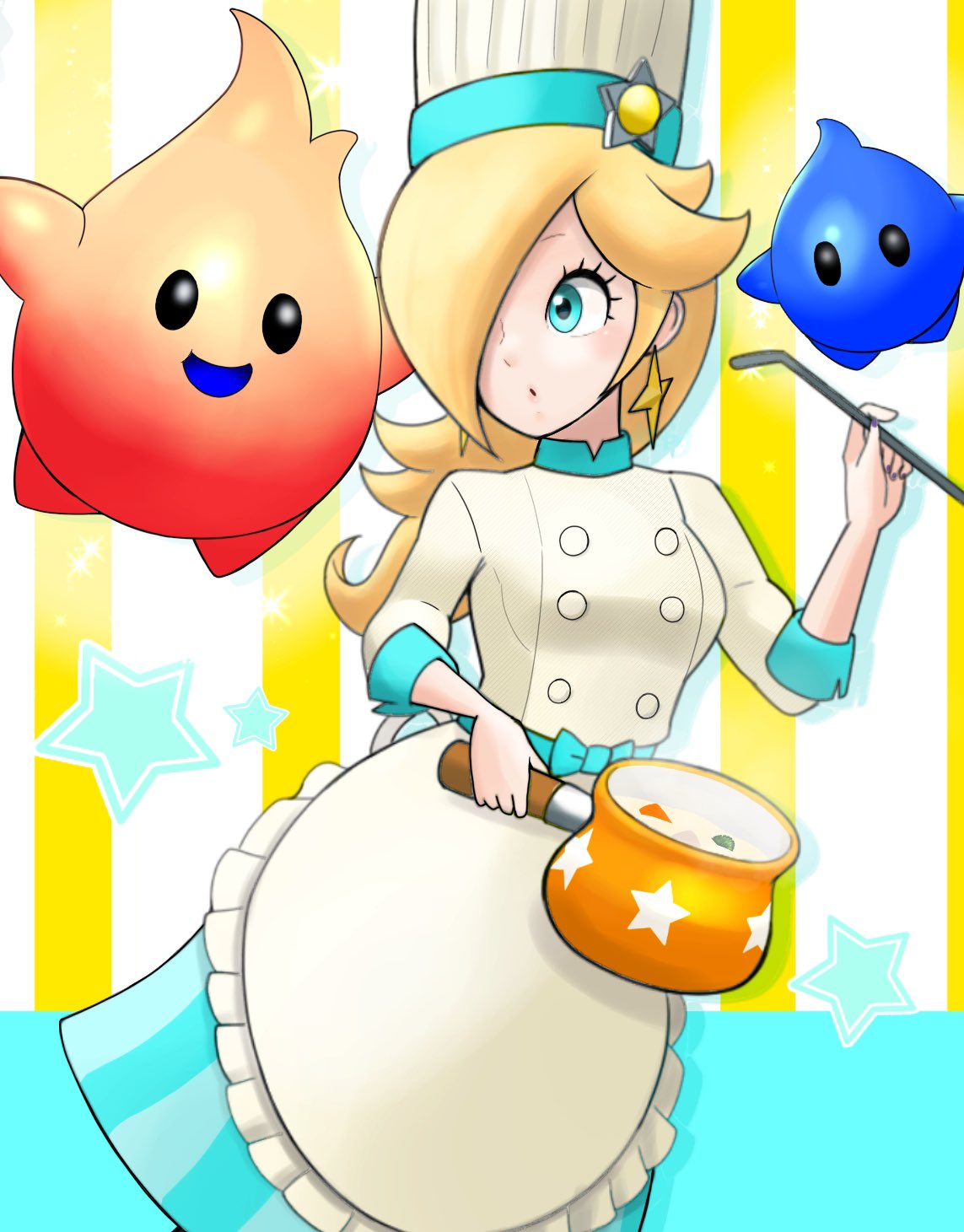 1girl a3_k306021 apron blonde_hair blue_eyes chef_hat cooking_pot earrings eyelashes hair_over_one_eye hat highres holding holding_cooking_pot holding_ladle hungry_luma_(super_mario_galaxy) jewelry ladle long_bangs long_hair looking_at_another luma_(mario) mario_(series) mario_kart mario_kart_tour official_alternate_costume parted_lips purple_nails rosalina rosalina_(chef) sleeves_past_elbows star_(symbol) star_earrings white_apron white_headwear