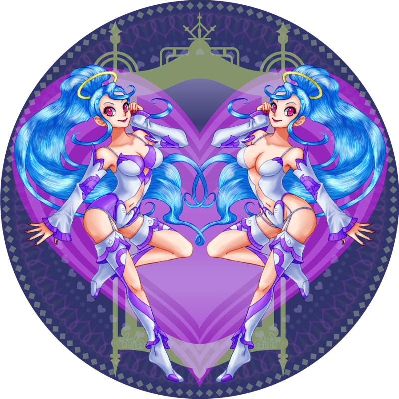 2girls amazon_pandora blue_hair breasts clothing_cutout collarbone commentary_request dual_persona full_body heart hiroka_m kid_icarus kid_icarus_uprising looking_at_viewer multiple_girls nail_polish navel navel_cutout pandora_(kid_icarus) red_eyes symmetry