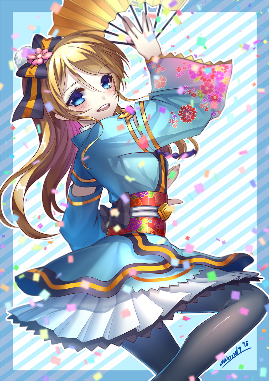 abondz ayase_eli black_legwear blonde_hair blue_border blue_eyes blush border confetti detached_sleeves diagonal_stripes eyebrows eyebrows_visible_through_hair fan floral_print flower folding_fan hair_flower hair_ornament hair_ribbon highres holding holding_fan japanese_clothes long_hair looking_at_viewer looking_back love_live! love_live!_school_idol_project obi open_mouth outline pantyhose ponytail ribbon sash signature skirt solo striped striped_background striped_ribbon white_outline wide_sleeves