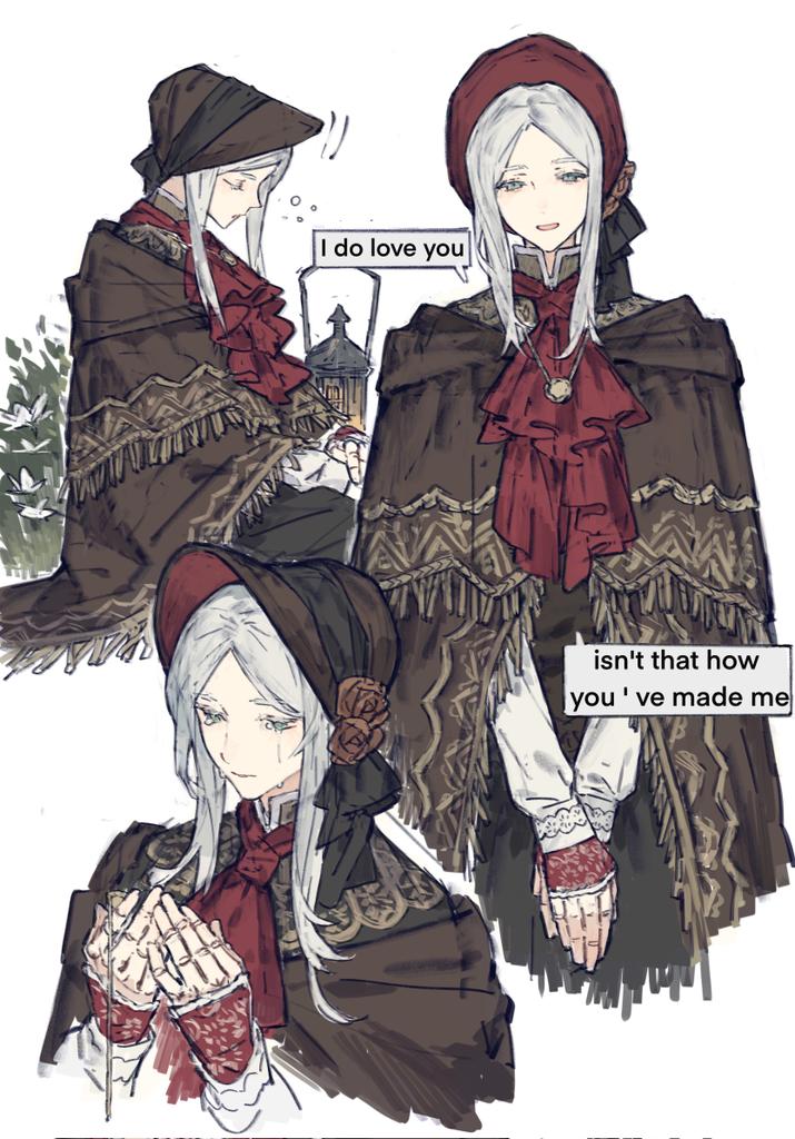 1girl ascot bloodborne bonnet brown_cloak brown_headwear brown_rose bush chinese_commentary cloak closed_mouth corrupted_twitter_file crying crying_with_eyes_open doll_joints english_text flower gougougougou grey_eyes hands_up hat hat_flower jewelry joints lantern long_hair looking_at_viewer multiple_views parted_bangs parted_lips pendant plain_doll profile red_ascot simple_background sketch sleepy speech_bubble tears white_background white_hair