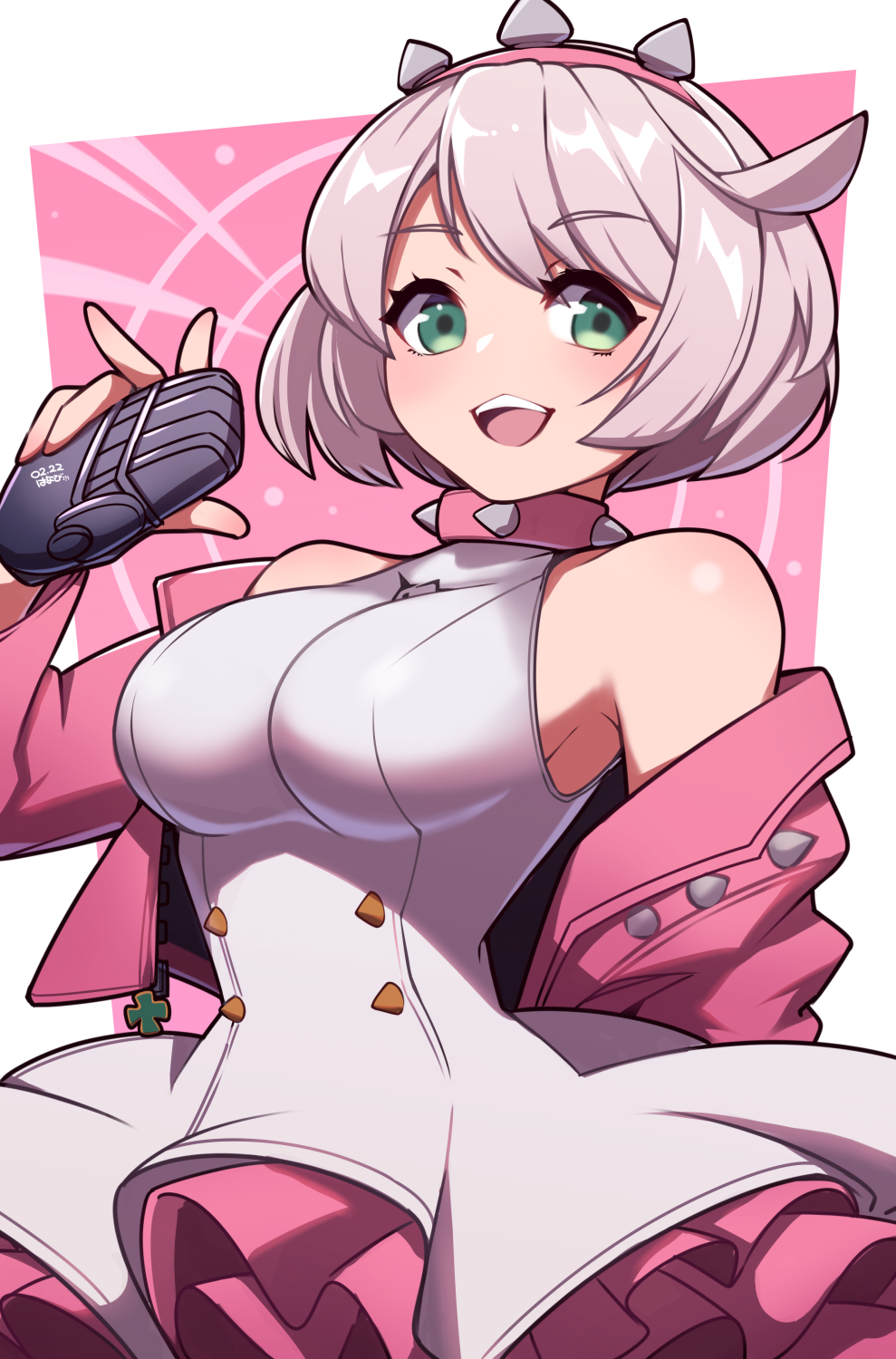 ahoge bare_shoulders breasts collar cropped_jacket dress elphelt_valentine green_eyes guilty_gear guilty_gear_strive hairband highres holding holding_microphone jacket large_breasts microphone pink_collar pink_hair pink_hairband pink_jacket short_hair sleeveless sleeveless_dress spiked_collar spiked_hairband spiked_jacket spikes umenodo white_dress