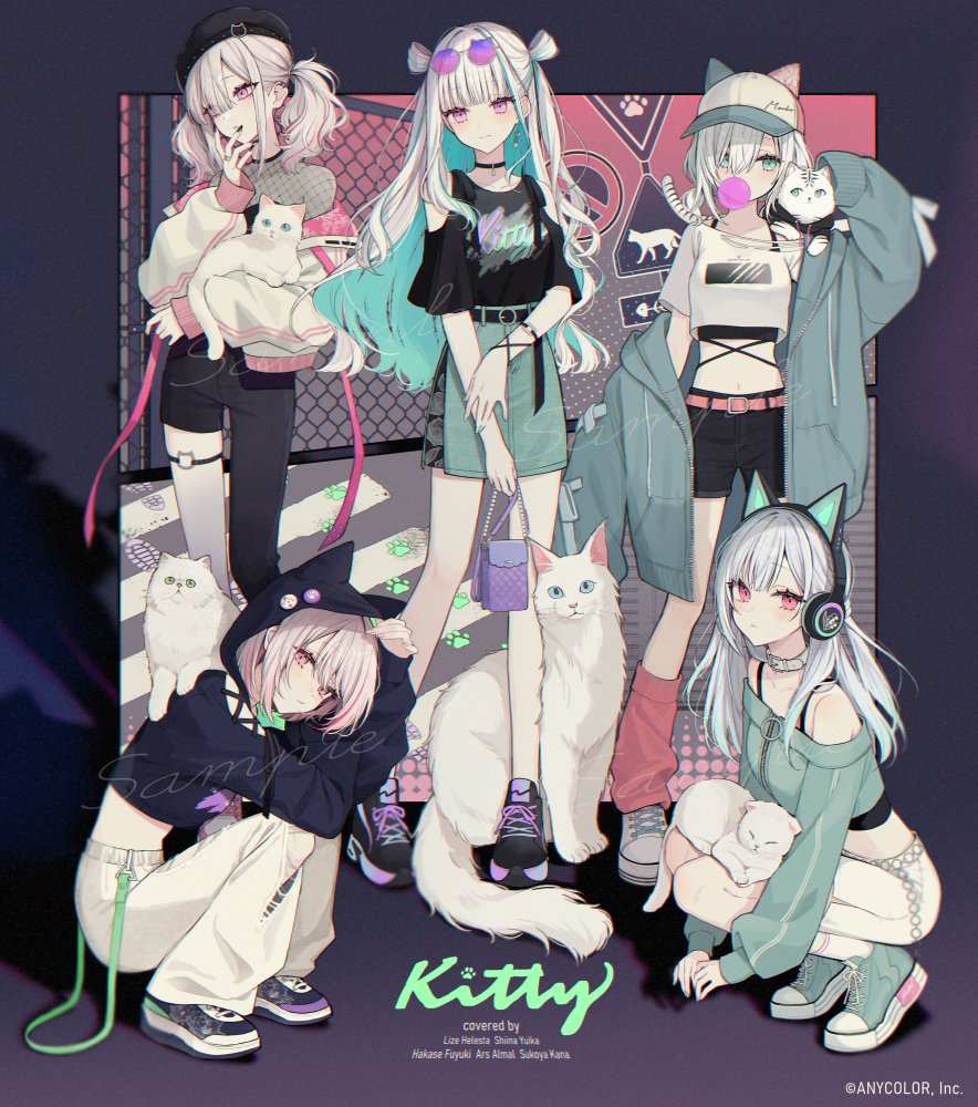 5girls akakura animal_ears aqua_hair ars_almal asymmetrical_pants bare_shoulders black_choker black_hoodie black_pants cat choker coat cross-laced_footwear fake_animal_ears full_body hair_over_one_eye hakase_fuyuki hood hoodie lize_helesta long_hair long_sleeves looking_at_viewer medium_hair multicolored_hair multiple_girls navel nijisanji official_art open_clothes open_coat pants pink_hair pink_socks shiina_yuika shoes short_hair short_twintails sneakers socks squatting standing streaked_hair sukoya_kana twintails two-tone_hair white_hair white_pants white_socks