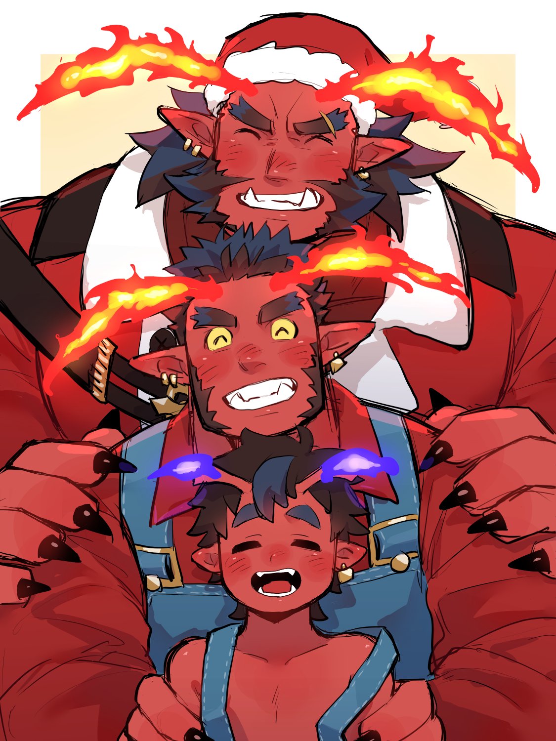 3boys :d ^_^ age_progression astar_(live_a_hero) bara blush child closed_eyes colored_skin demon_boy fiery_horns forked_eyebrows grin hands_on_another's_shoulders happy highres horns huge_eyebrows kimi6666 large_hands large_pectorals live_a_hero male_focus mature_male multiple_boys muscular muscular_male mutton_chops ogre pectorals pointy_ears red_skin smile square_head streaked_beard tusks upper_body