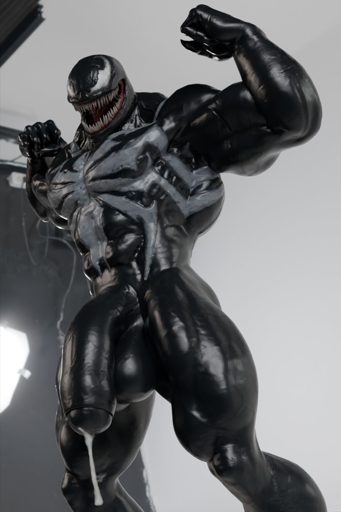 3d_(artwork) abs barazoku biceps big_muscles big_penis black_body bodily_fluids chest_markings cum digital_media_(artwork) flexing flexing_bicep flexing_both_biceps foreskin genital_fluids genitals huge_penis humanoid humanoid_genitalia humanoid_penis junatah laugh leaking_cum male markings marvel muscular pecs penis sharp_teeth solo standing symbiote teeth venom_(marvel) white_eyes white_markings