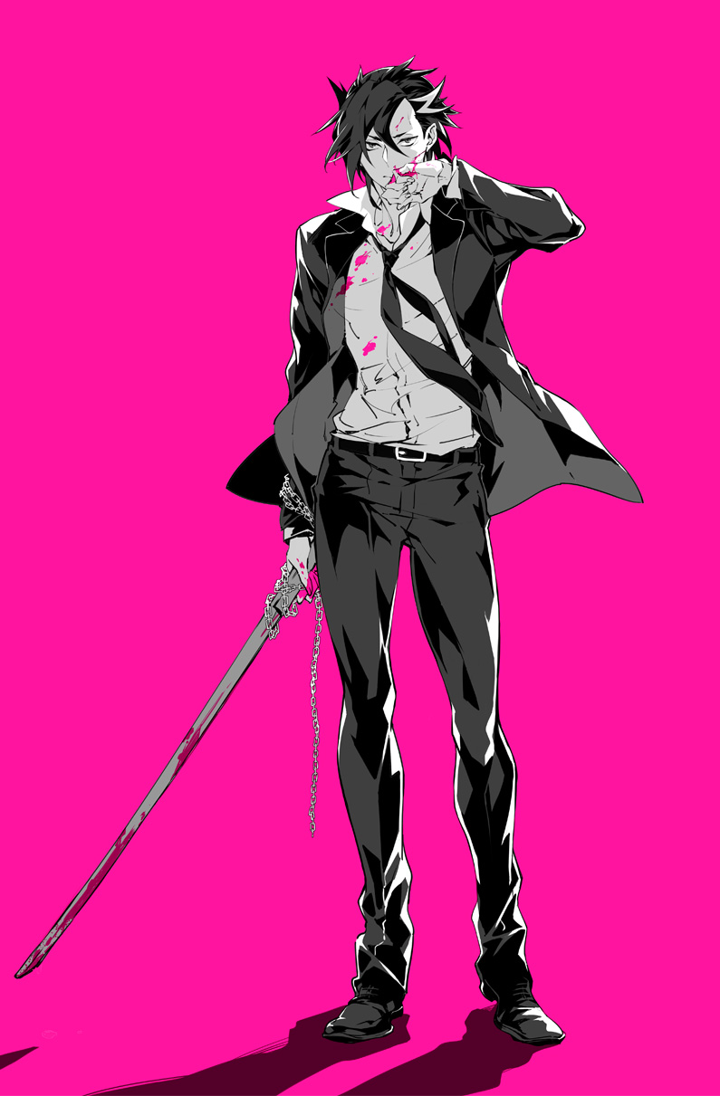 1boy belt chain collared_shirt fate/grand_order fate_(series) full_body greyscale_with_colored_background hair_between_eyes highres holding jacket kotobuki_toro looking_at_viewer male_focus mandricardo_(fate) multicolored_hair necktie open_clothes open_jacket pants pink_background shadow shirt short_hair solo standing streaked_hair white_shirt wiping_face