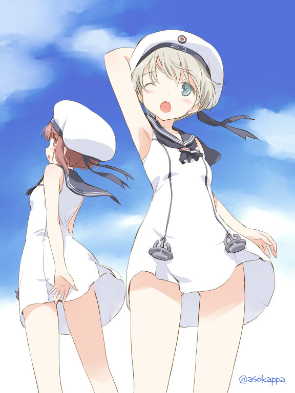 ;o adapted_costume arm_up armpits asoka blush brown_eyes brown_hair cloud commentary day dress from_below green_eyes hand_on_own_head hat kantai_collection multiple_girls one_eye_closed open_mouth sailor_dress sailor_hat short_hair signature silver_hair sky twitter_username white_dress white_hat wind z1_leberecht_maass_(kantai_collection) z3_max_schultz_(kantai_collection)