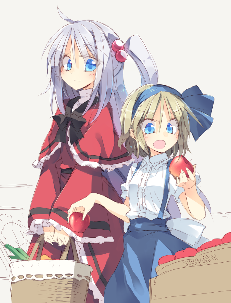 alice_margatroid alice_margatroid_(pc-98) apple blonde_hair blue_eyes blue_hairband blush bow bowtie capelet dress food fruit hair_bobbles hair_ornament hairband layered_dress long_hair long_sleeves looking_down multiple_girls open_mouth puffy_sleeves red_dress ribbon satou_kibi shinki shirt shopping_basket short_sleeves side_ponytail silver_hair skirt smile sweatdrop touhou touhou_(pc-98) wide_sleeves younger