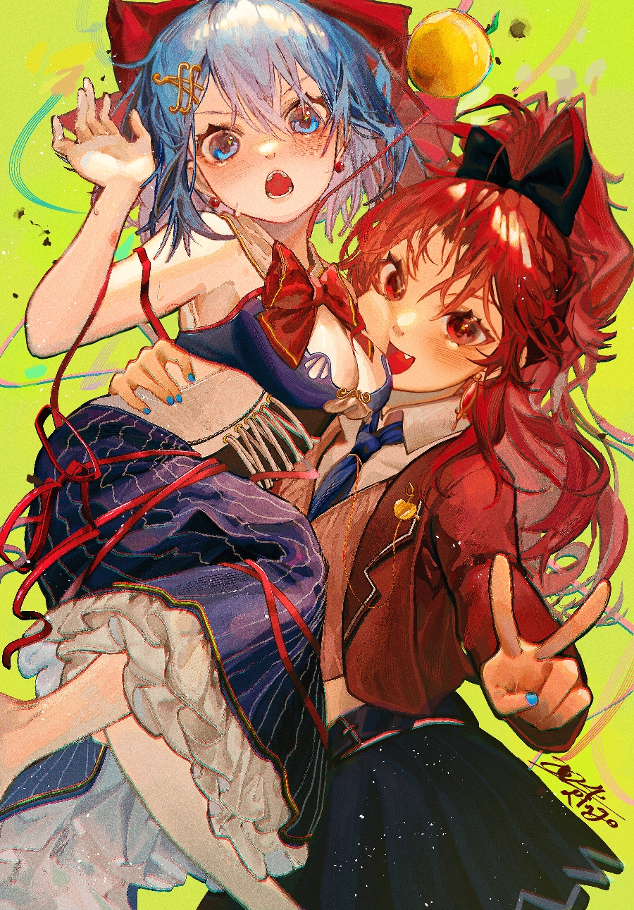 2girls black_ribbon blue_eyes blue_hair blue_nails blue_necktie blush bow bowtie breasts cheek_squash cleavage collared_shirt commentary corset coumixo cross-laced_clothes cross-laced_corset dress earrings eyelashes fang frilled_dress frills hair_between_eyes hair_ornament hair_ribbon hand_up high_ponytail highres jacket jewelry lifting_person long_hair mahou_shoujo_madoka_magica mahou_shoujo_madoka_magica_(anime) miki_sayaka multiple_girls musical_note musical_note_hair_ornament necktie open_clothes open_jacket open_mouth red_bow red_bowtie red_eyes red_hair ribbon sakura_kyoko shirt short_hair signature skirt string stud_earrings symbol-only_commentary v white_shirt wide-eyed yellow_background yuri