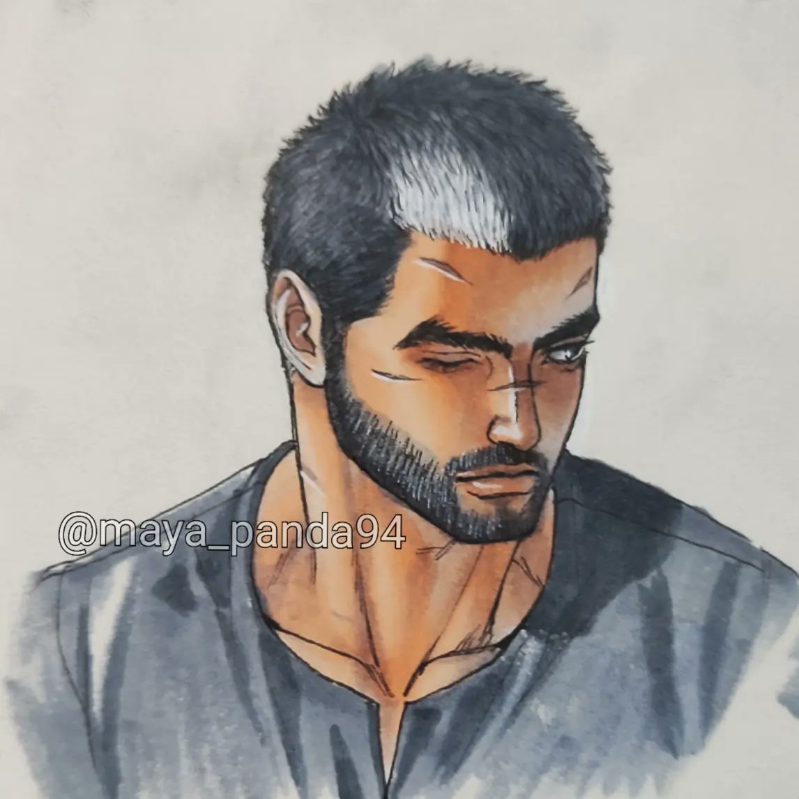 1boy alternate_facial_hair alternate_hairstyle beard berserk black_hair connected_beard facial_hair full_beard guts_(berserk) looking_to_the_side male_focus maya_panda multicolored_hair mustache one_eye_closed portrait scar short_hair solo streaked_hair thick_eyebrows white_hair