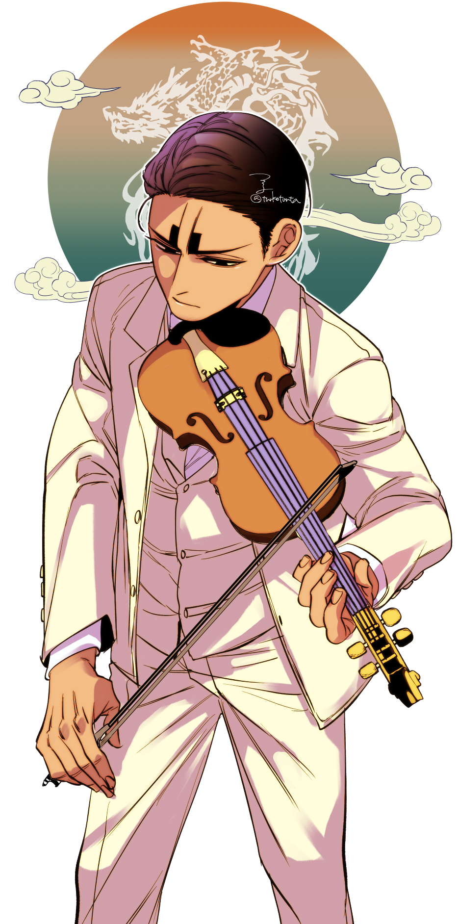 1boy alternate_hairstyle artist_name black_eyes bow_(music) closed_mouth dark-skinned_male dark_skin dragon eastern_dragon golden_kamuy green_background hand_up highres holding holding_bow_(music) holding_instrument holding_violin instrument koito_otonoshin long_sleeves looking_at_object male_focus music orange_background pants playing_instrument short_hair signature solo standing suit tsuruko_turuta very_short_hair vest violin white_background whorled_clouds yellow_pants yellow_suit yellow_vest