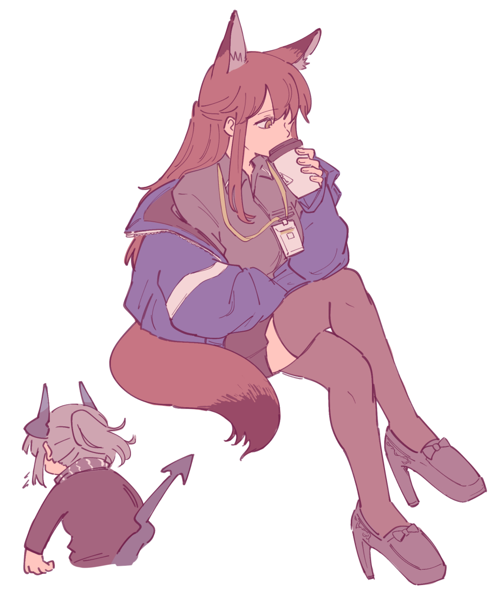 2girls animal_ear_fluff animal_ears arknights black_footwear black_horns black_shirt black_sweater black_tail blue_jacket brown_eyes brown_hair brown_tail brown_thighhighs coffee_cup collared_shirt commentary covered_mouth crossed_legs cup disposable_cup dragon_girl dragon_tail drink facing_away flat_color fox_ears fox_girl fox_tail franka_(arknights) grey_hair hand_up haruichi_(sazanami_complex) high_heels holding holding_drink horns invisible_chair jacket lanyard liskarm_(arknights) long_hair long_sleeves looking_down multiple_girls off_shoulder open_clothes open_jacket shirt shoes simple_background sitting sweater tail tail_raised thighhighs white_background