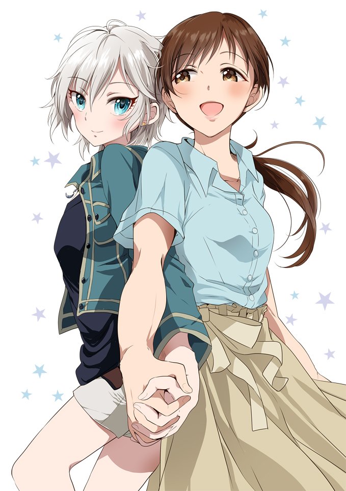 2girls anastasia_(idolmaster) blue_eyes blue_shirt blush breasts brown_eyes brown_hair brown_skirt closed_mouth collarbone earrings gen_(enji) green_jacket grey_hair hair_between_eyes holding_hands idolmaster idolmaster_cinderella_girls idolmaster_cinderella_girls_starlight_stage jacket jewelry large_breasts long_hair long_sleeves looking_at_another looking_at_viewer love_laika_(idolmaster) medium_breasts multiple_girls nitta_minami open_clothes open_jacket open_mouth ponytail shirt short_hair short_sleeves shorts skirt smile starry_background white_background white_shorts