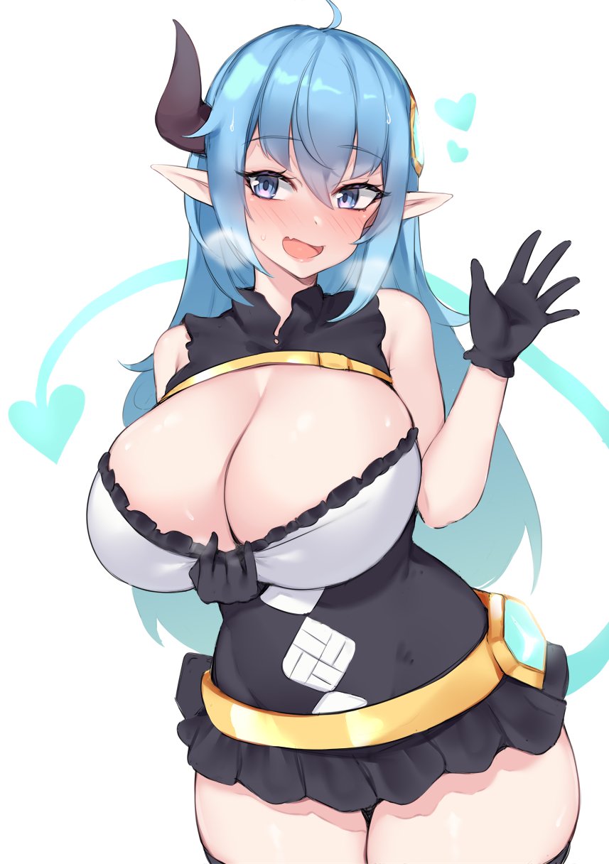1girl ahoge aroused bare_shoulders black_gloves blue_eyes blue_hair blush borrowed_character breasts cleavage clothes_pull curvy demon_girl demon_horns demon_tail fang gloves highres horns kuavera large_breasts long_hair open_mouth original pointy_ears sei-tan_(sae) simple_background single_horn skin_fang steam steaming_body tail thick_thighs thighs white_background