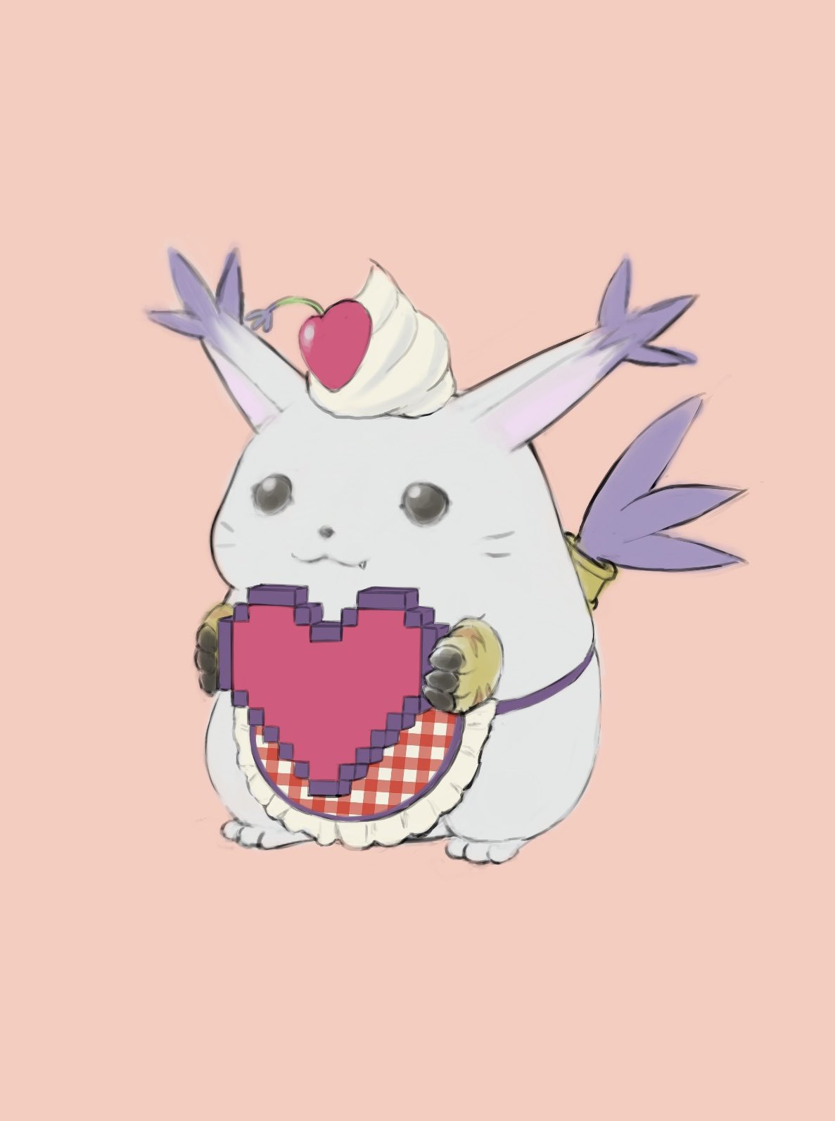 apron cat cat_day cream_puff digimon digimon_(creature) fang fat_pikachu_(meme) food full_body heart highres holding holding_heart mas_square meme no_humans pokemon simple_background solo standing tail tail_ornament tail_ring tailmon