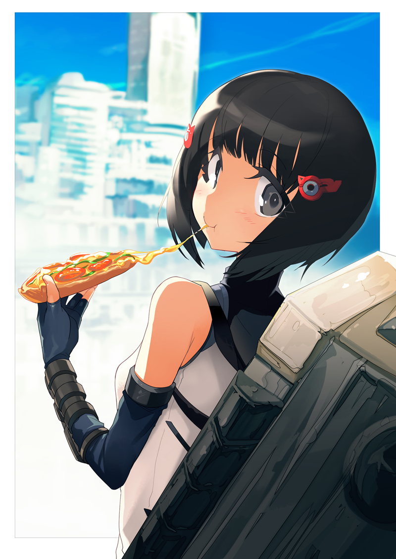 bad_id bad_pixiv_id bare_shoulders black_eyes black_hair cheese_trail detached_sleeves eating fingerless_gloves food gloves hair_ornament hairclip holding_pizza ika looking_at_viewer looking_back lynlee_kuu pizza scenery short_hair solo xenoblade_(series) xenoblade_chronicles_x