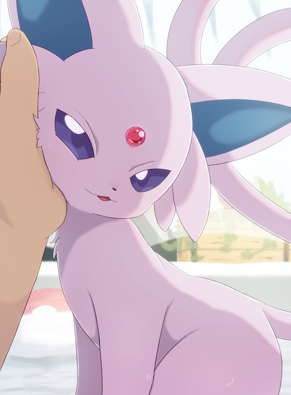 1boy blurry blurry_background commentary_request espeon forehead_jewel forked_tail highres indoors looking_at_viewer open_mouth petting poke_ball_print pokemon pov purple_eyes purple_fur rumine_(yoshi1234567) smile tail