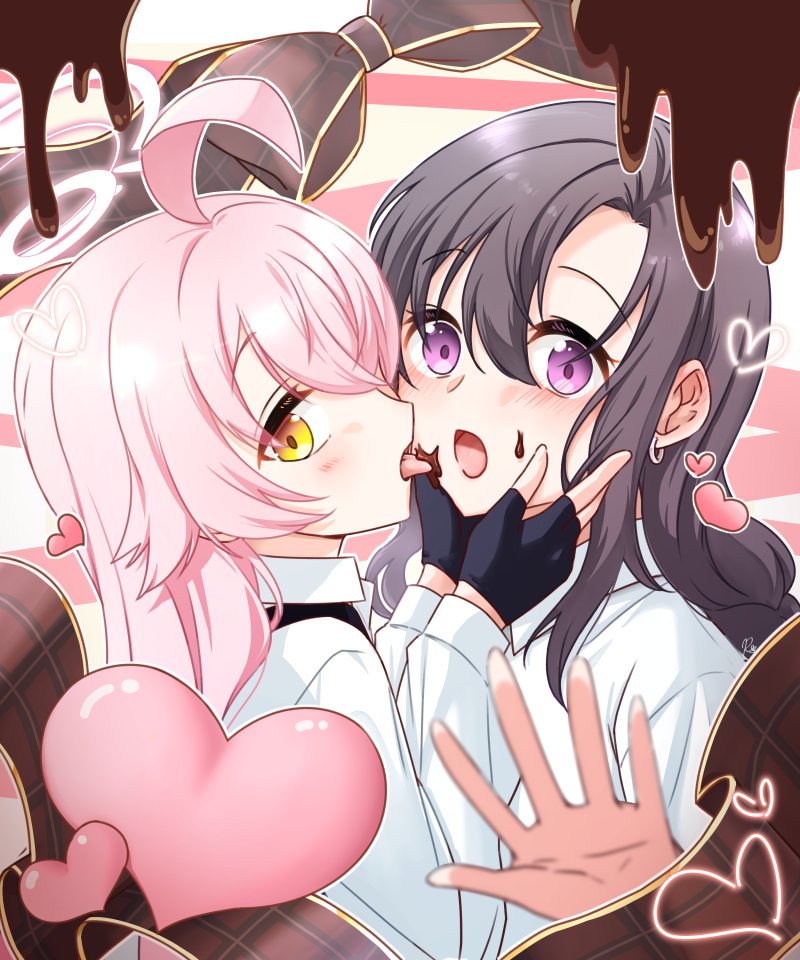 2girls ahoge black_gloves black_hair blue_archive chocolate chocolate_on_face collared_shirt female_sensei_(blue_archive) fingerless_gloves food food_on_face gloves hair_between_eyes halo heart hoshino_(blue_archive) licking licking_another's_cheek licking_another's_face long_hair long_sleeves looking_at_viewer multiple_girls open_mouth pink_hair purple_eyes rarasa_(rarasa) sensei_(blue_archive) shirt white_shirt yellow_eyes yuri