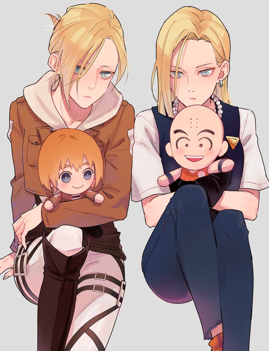 2boys 2girls a_sngk android_18 annie_leonhardt armin_arlert bald blonde_hair blue_eyes blue_vest boots brown_footwear brown_jacket chibi dragon_ball dragon_ball_z earrings grey_background highres hood hoodie jacket jewelry kuririn looking_at_viewer multiple_boys multiple_girls necklace open_mouth pants paradis_military_uniform pearl_necklace shingeki_no_kyojin shirt short_sleeves simple_background sitting size_difference teeth upper_teeth_only vest white_hoodie white_pants white_shirt