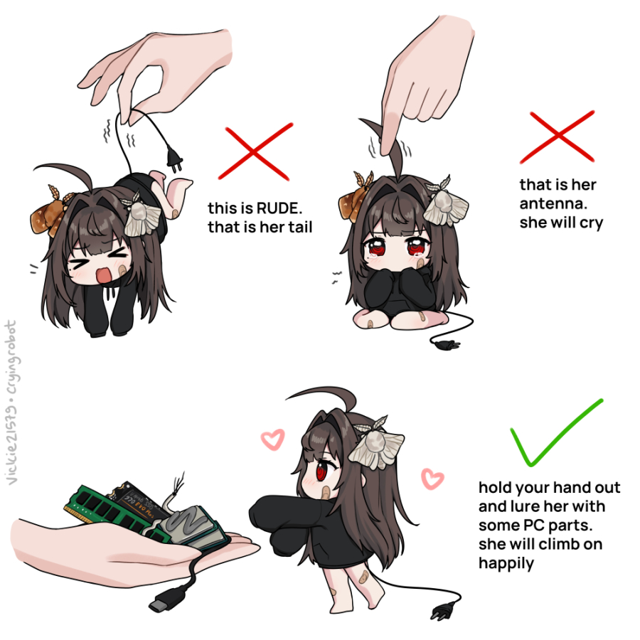 &gt;o&lt; 1girl bandaid bandaid_on_leg bare_legs barefoot black_hair black_hoodie bug cable checkmark chibi disembodied_limb english_text grabbing_another's_hair hair_intakes heart hood hood_down hoodie insect_hair_ornament long_hair mini_person minigirl moth no_mouth notice_lines open_mouth original profile ram_(computer) red_eyes sitting sleeves_past_fingers sleeves_past_wrists solo tail tail_grab tearing_up twitter_username usb vickie_(cryingrobot) vickie_(cryingrobot)_(character) walking wariza x
