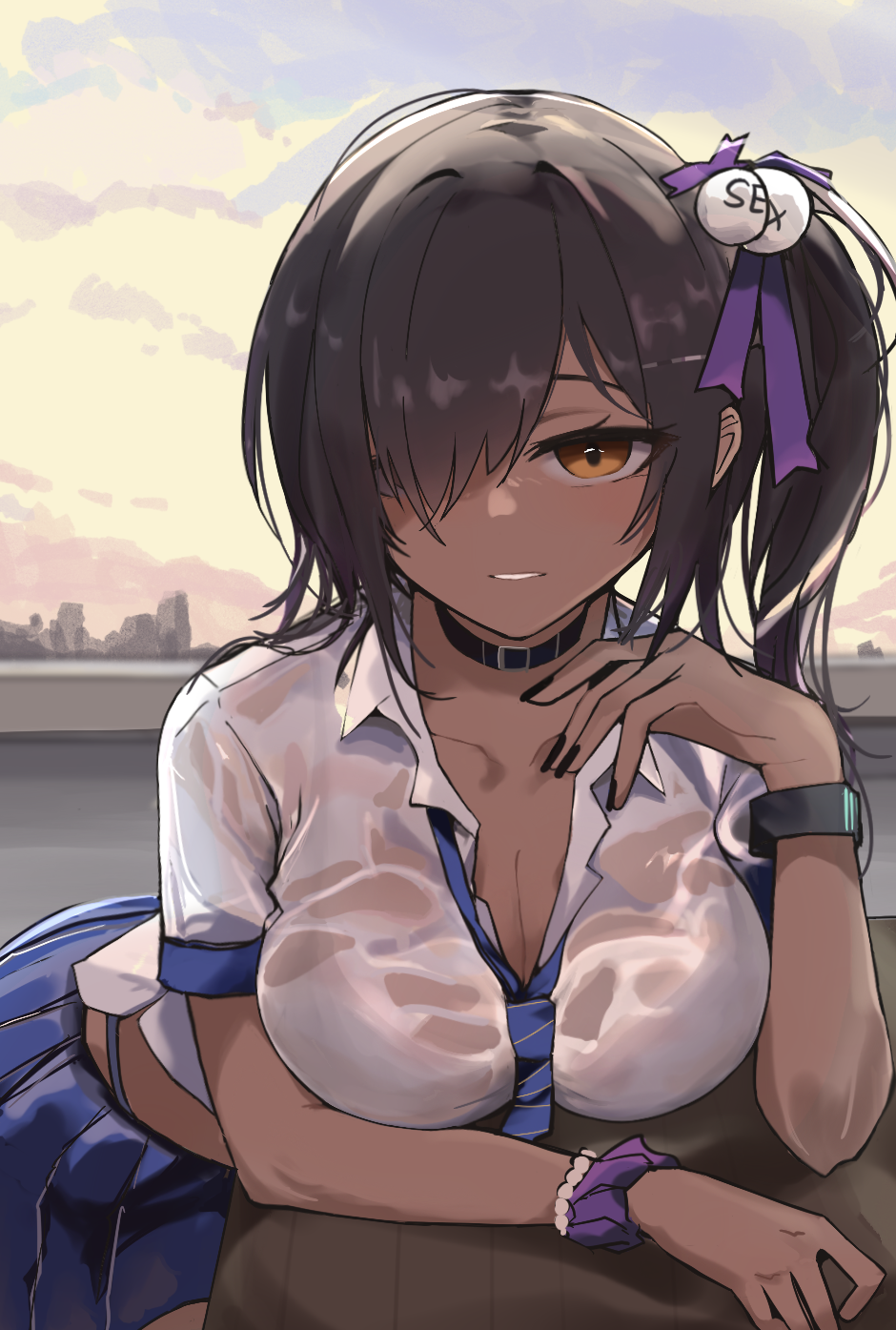 1girl belt_collar bent_over blue_skirt breasts brown_eyes brown_hair cleavage collar collared_shirt day evening goddess_of_victory:_nikke hair_over_one_eye hair_ribbon highres large_breasts long_hair looking_back naga_(nikke) pleated_skirt purple_ribbon ribbon shirt short_sleeves side_ponytail skirt smile solo standing wet wet_clothes wet_shirt white_shirt yakii_(yak11)