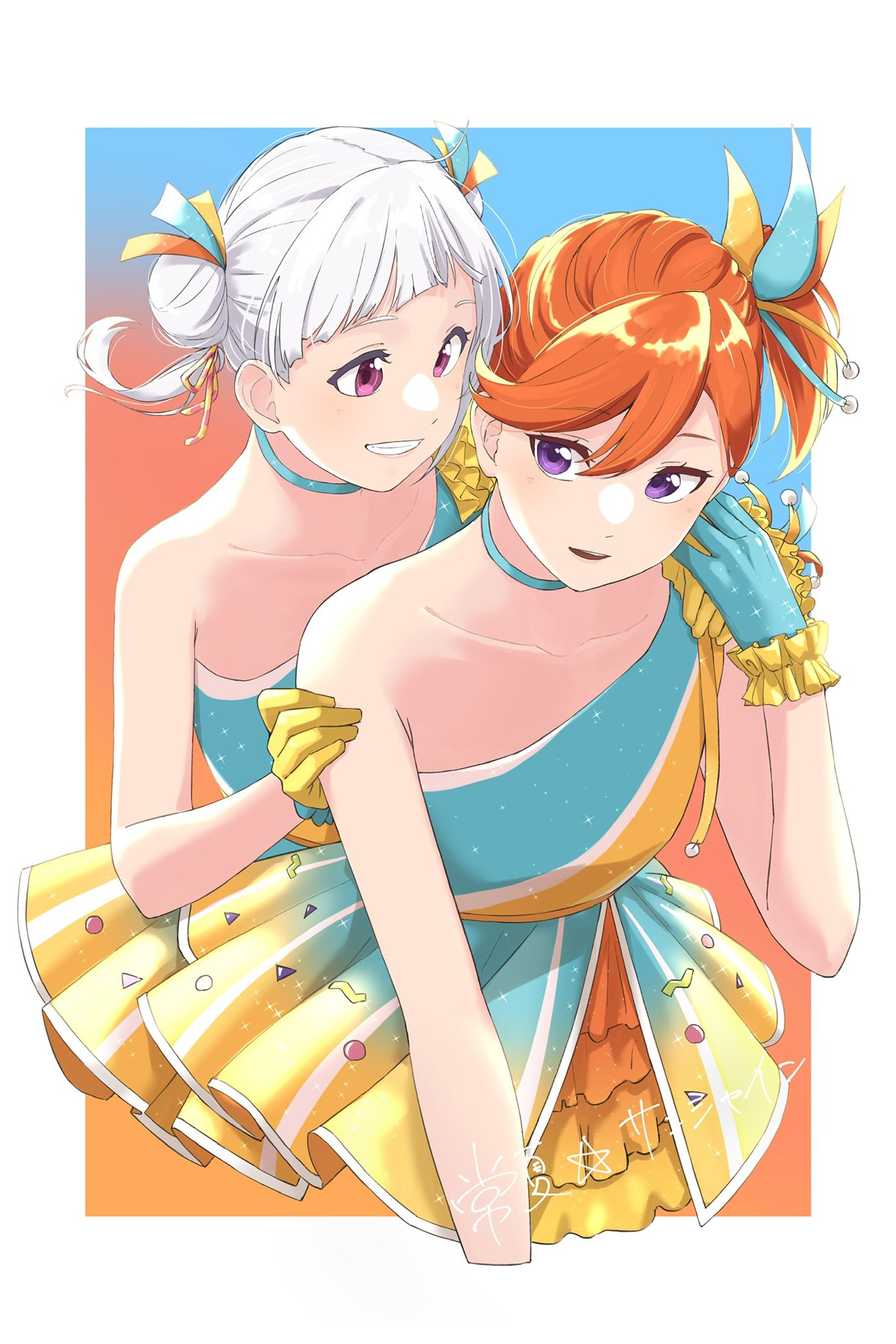 2girls aqua_choker aqua_dress aqua_gloves arashi_chisato collarbone commentary_request cropped_torso double_bun dress frilled_dress frills gloves hair_bun highres holding_another's_arm looking_at_another love_live! love_live!_superstar!! multicolored_clothes multicolored_dress multiple_girls orange_hair parted_lips ponytail purple_eyes red_eyes s_sho_mkrn shibuya_kanon single_bare_shoulder smile tokonatsu_sunshine upper_body white_hair yellow_gloves