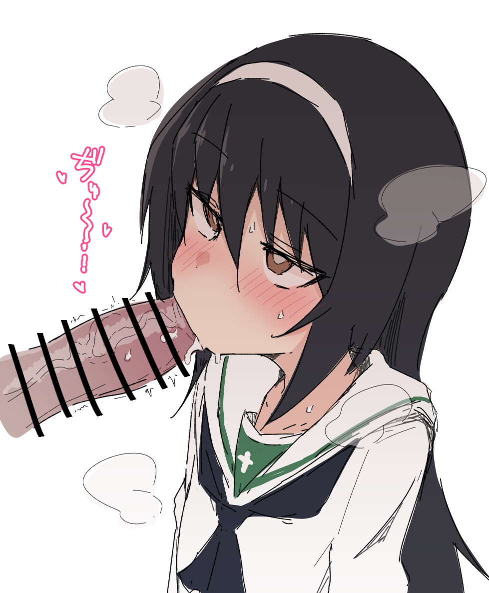 1boy 1girl ame_(amechan17391739) bar_censor black_hair black_neckerchief blush bright_pupils brown_eyes censored erection fellatio girls_und_panzer hairband half-closed_eyes heart hetero motion_lines neckerchief ooarai_school_uniform oral penis reizei_mako sailor_collar school_uniform serafuku simple_background solo_focus sound_effects steam sweat upper_body veins veiny_penis white_background white_hairband