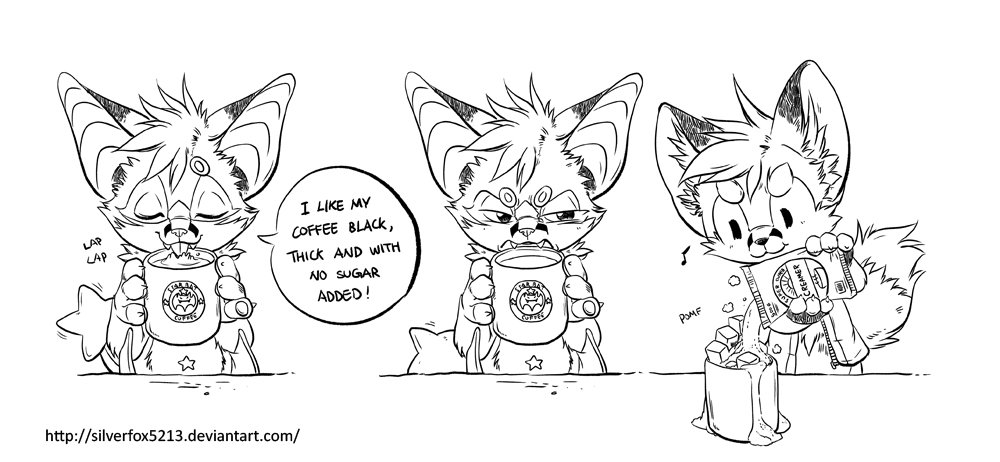 2016 annoyed anthro bat beverage black_and_white canid canine clothed clothing coffee comet_(silverfox5213) comic creamer dialogue drinking duo english_text fangs fox fur hair lapping logo male mammal monochrome musical_note pouring red_fox silverfox5213 silverfox5213_(character) speech_bubble star_(shape) sugar sugar_cube teeth text true_fox url