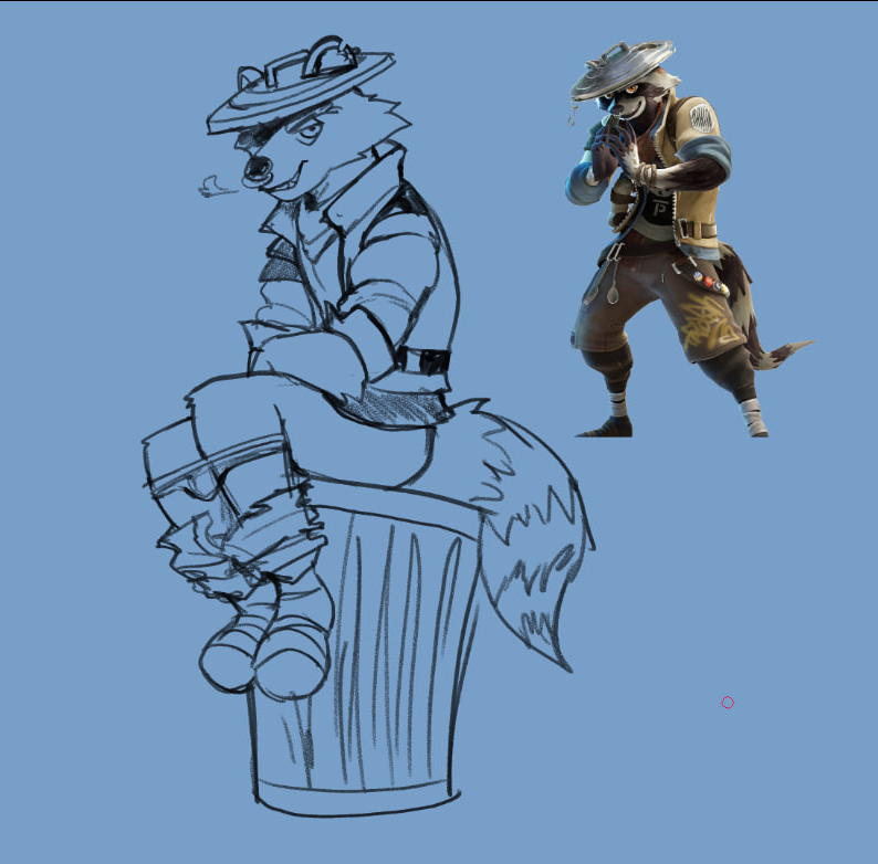 anthro clothed clothing epic_games fortnite male mammal pouting procyonid raccoon rufus_(fortnite) saintbullart sitting sketch smile smiling_at_viewer smirk smirking_at_viewer solo tail trash_can