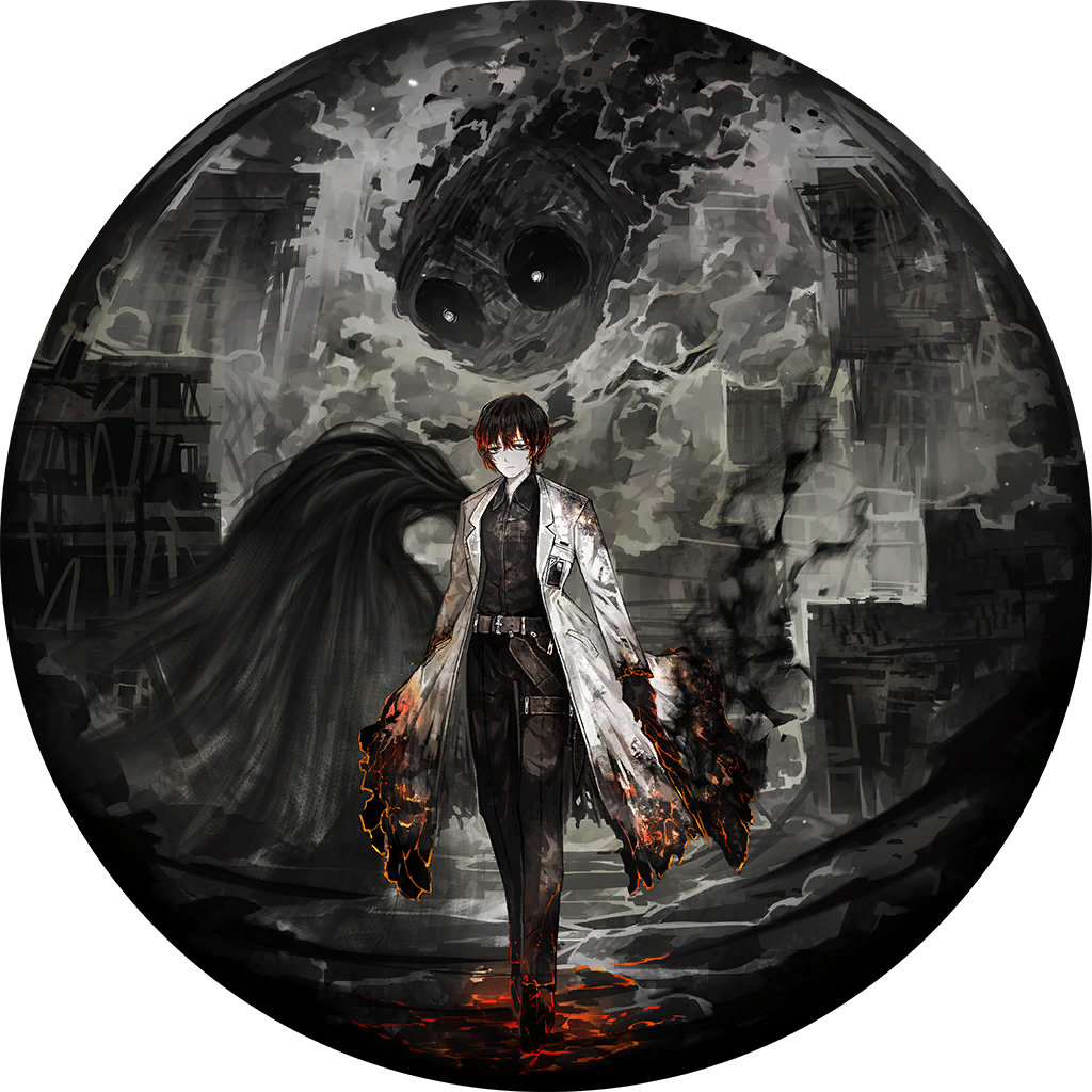 1boy bag belt black_footwear black_gloves black_hair black_shirt burnt_clothes collared_shirt e.g.o_(project_moon) fire game_cg gloves holding holding_knife knife lab_coat limbus_company multicolored_hair nai_ga official_art project_moon red_hair satchel scorched_girl shirt shoes short_hair single_wing smoke solo_focus thigh_strap wings yi_sang_(project_moon)