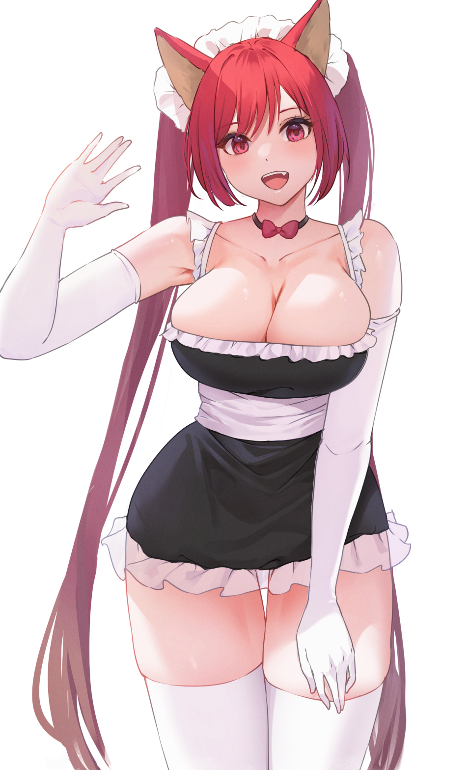 1girl :d animal_ears armpits bare_shoulders black_choker black_dress bow bow_choker bowtie breasts cerberus_(shingeki_no_bahamut) choker cleavage collarbone cowboy_shot dress elbow_gloves fang frilled_dress frills gloves hand_on_own_leg hand_up head_tilt highres large_breasts long_hair looking_at_viewer maid maid_headdress open_mouth pepeo red_bow red_bowtie red_eyes red_hair sash shingeki_no_bahamut short_dress simple_background skindentation smile solo standing straight-on straight_hair swept_bangs teeth thigh_gap thighhighs thighs twintails upper_teeth_only very_long_hair waving white_background white_gloves white_headdress white_sash white_thighhighs wide_hips