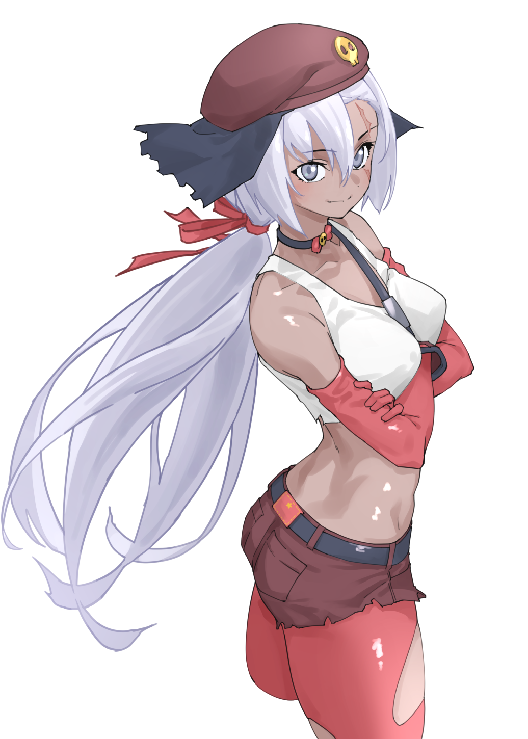 1girl arms_under_breasts bare_shoulders belt beret black_choker blush bow bowtie breasts brown_shorts choker closed_mouth collarbone commentary cowboy_shot crop_top cropped_legs crossed_arms cutoffs dark-skinned_female dark_skin elbow_gloves giroro_(kemono_friends) gloves grey_eyes grey_hair hair_between_eyes hair_bow hat highres kemono_friends kemono_friends_3 keroro_gunsou long_hair low_ponytail midriff navel pantyhose red_bow red_bowtie red_gloves red_headwear red_pantyhose scar scar_across_eye shirt short_shorts shorts simple_background sleeveless smile solo tanabe_(fueisei) tank_top torn_clothes torn_pantyhose white_background white_hair white_shirt