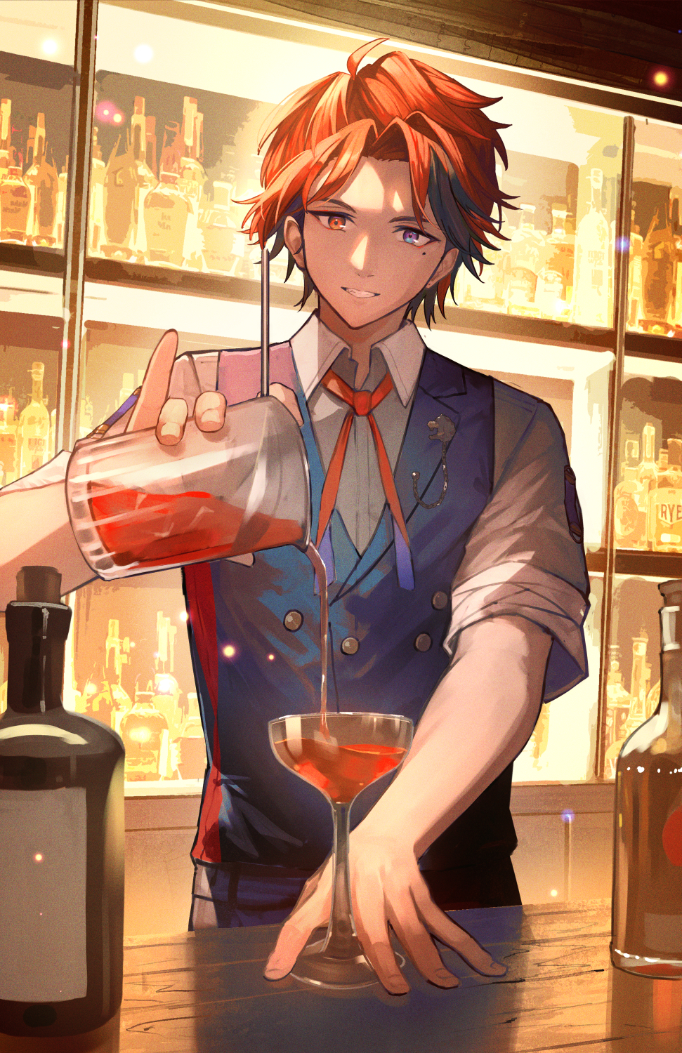 1boy alcohol bar_(place) bartender black_hair blue_eyes bottle collared_shirt counter cup curtained_hair drinking_glass english_commentary facing_viewer heterochromia highres holostars indoors light_smile looking_at_viewer male_focus mole mole_under_eye multicolored_hair orange_eyes orange_hair shirt short_hair solo tumbler two-tone_hair upper_body virtual_youtuber wine_glass xyunx yukoku_roberu yukoku_roberu_(1st_costume)