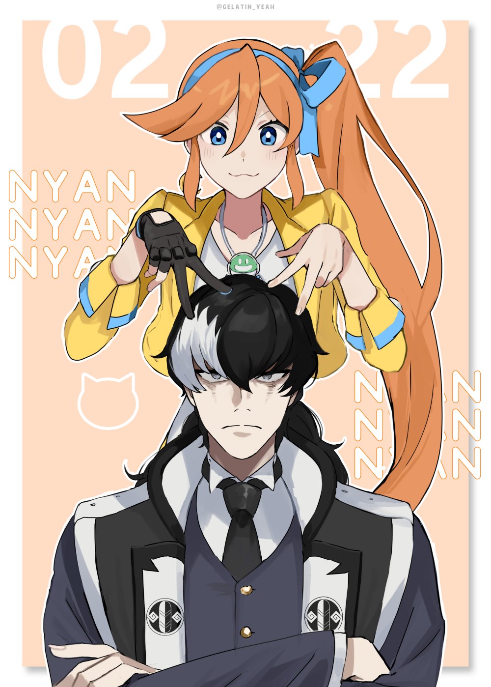 1boy 1girl :3 ace_attorney athena_cykes black_coat black_gloves black_hair black_jacket black_necktie blue_bow blue_eyes bow cat_day coat crossed_arms dated frown gloves gumi_(gelatin) hair_between_eyes hair_bow highres jacket jewelry long_hair long_sleeves looking_at_viewer multicolored_hair necklace necktie nyan open_clothes open_jacket orange_hair partially_fingerless_gloves shirt side_ponytail simon_blackquill single_glove twitter_username two-tone_hair very_long_hair white_hair white_shirt yellow_jacket