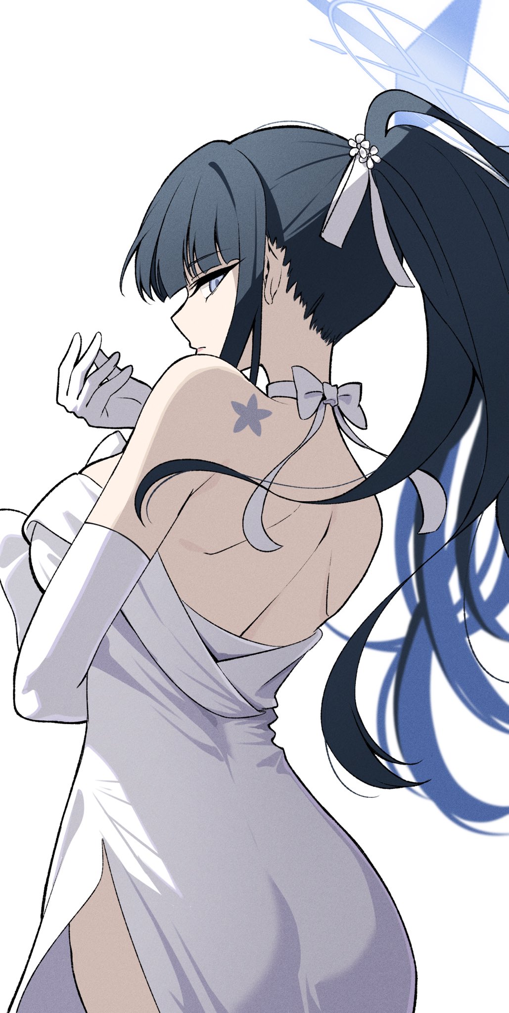 1girl ass backless_dress backless_outfit bare_shoulders black_hair blue_archive blue_halo bow bowtie breasts colored_inner_hair commentary cowboy_shot dio_brando's_pose_(jojo) dress elbow_gloves from_behind gloves halo high_ponytail highres jojo_no_kimyou_na_bouken jojo_pose large_breasts long_hair looking_at_viewer multicolored_hair official_alternate_costume ponytail reia_76 saori_(blue_archive) saori_(dress)_(blue_archive) side_slit standing star_tattoo stardust_crusaders strapless strapless_dress tattoo white_background white_dress white_gloves