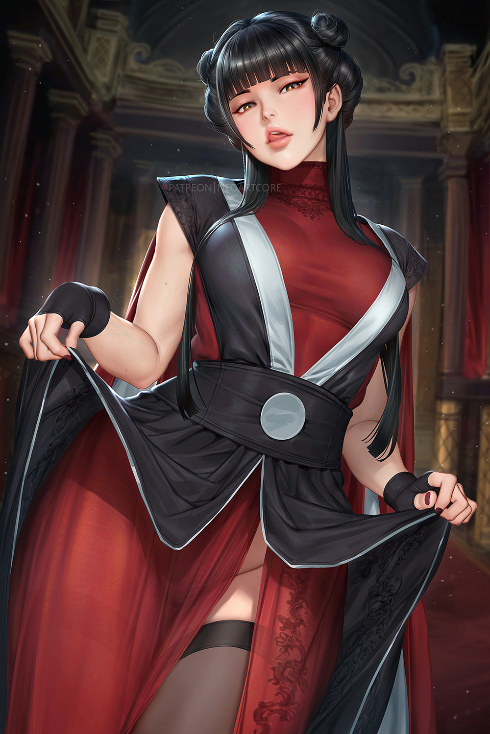 1girl avatar:_the_last_airbender avatar_legends black_hair blunt_bangs breasts brown_eyes cape clothes_lift double_bun dress dress_lift fingerless_gloves front_slit gloves hair_bun head_tilt highres licking_lips long_hair looking_at_viewer mai_(avatar) nail_polish naughty_face neoartcore solo teeth thighhighs tongue tongue_out upper_teeth_only