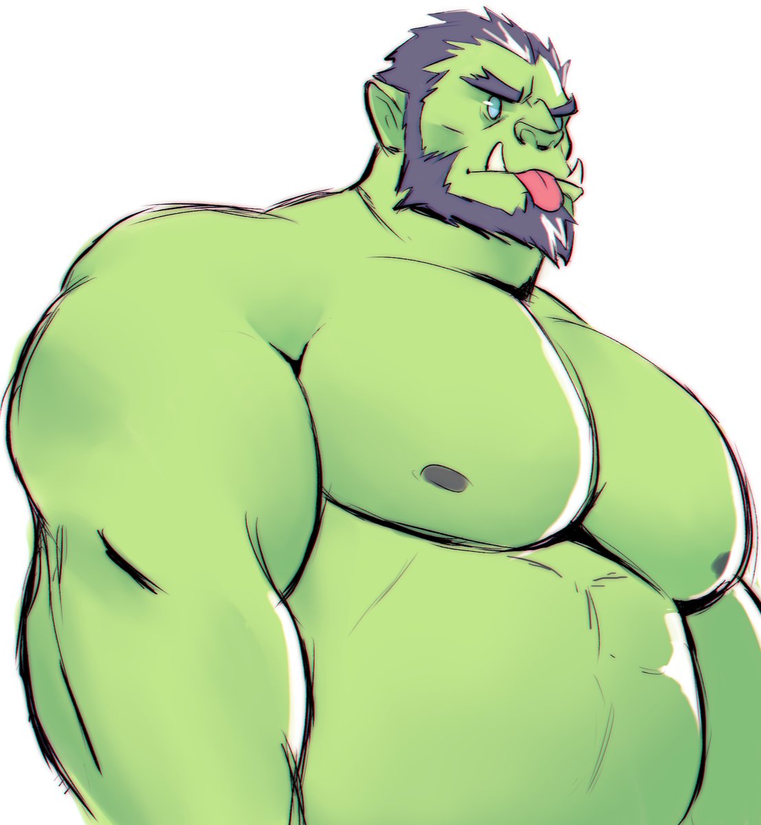 1boy :p bara beard belly colored_skin ep06 facial_hair forked_eyebrows full_beard green_eyes green_skin highres huge_pectorals large_pectorals male_focus mature_male monster_boy muscular muscular_male nipples nude orc original pectorals plump pointy_ears short_hair solid_oval_eyes solo thick_beard thick_eyebrows tongue tongue_out tusks upper_body v-shaped_eyebrows
