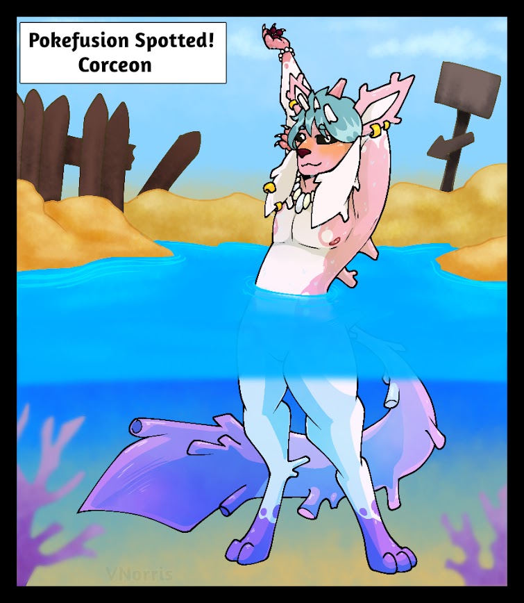 anthozoan beach_background black_sclera blue_hair cel_shading claws cnidarian coral corsola dark_nose ear_piercing ear_ring eeveelution fusion generation_2_pokemon generation_4_pokemon glaceon hair horn humanoid hybrid intersex jewelry long_tail maleherm marine necklace nintendo nipples pawpads paws pearl_bracelet piercing pink_body pokemon pokemon_(species) pokemon_fusion puppetmaster13uwu ring_piercing shaded solo stretching tail text_box underwater water white_body