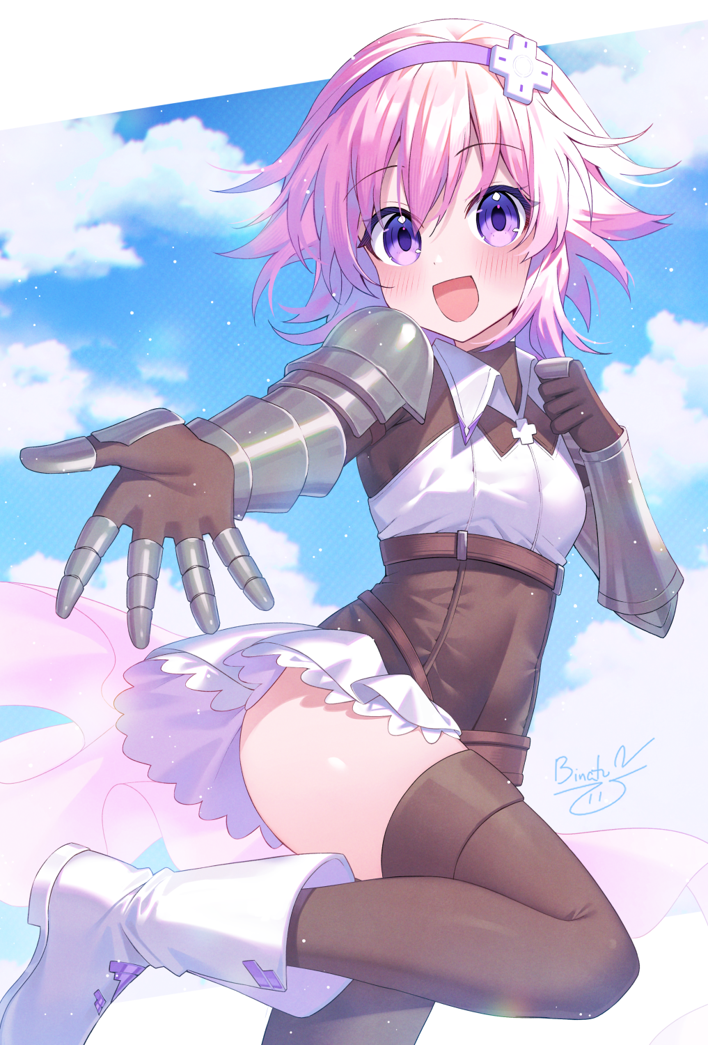 1girl binato_lulu black_gloves black_thighhighs blue_sky blush boots choujigen_game_neptune cloud cosplay gloves granblue_fantasy hair_between_eyes hairband happy highres light_particles looking_at_viewer mixed-language_commentary neptune_(neptunia) neptune_(series) open_mouth pink_hair purple_eyes purple_hairband reaching reaching_towards_viewer short_hair signature skirt sky solo standing standing_on_one_leg thighhighs white_skirt