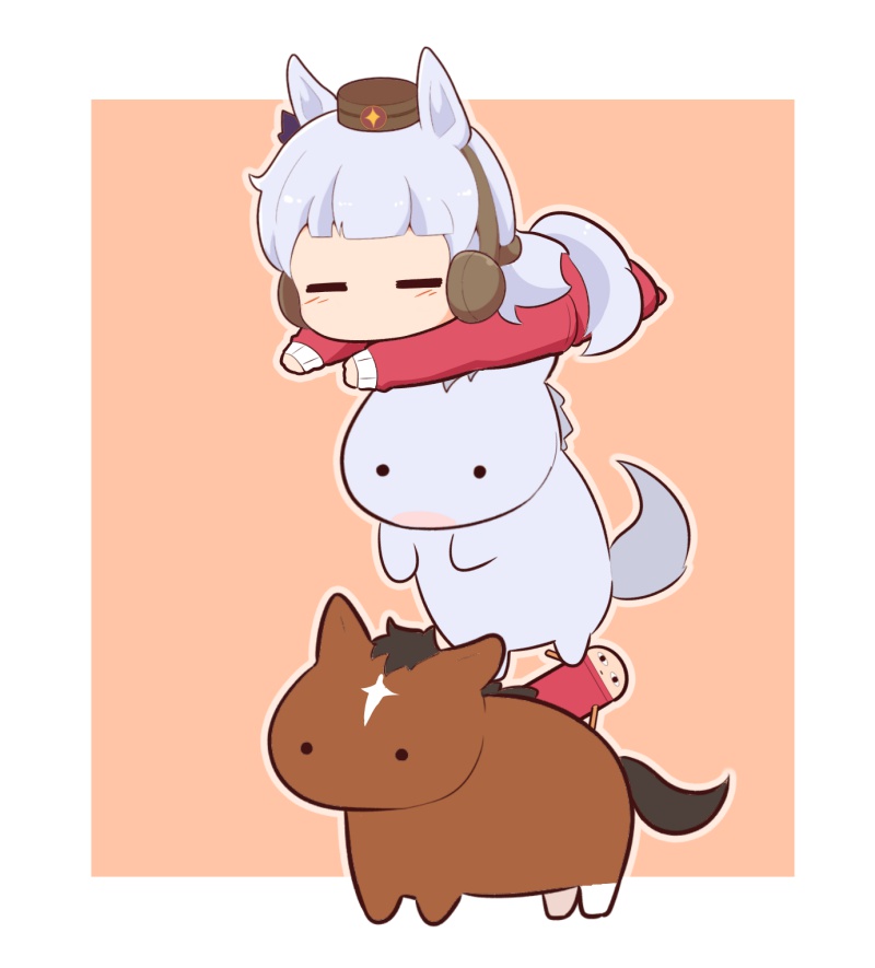 1girl animal animal_ears blush brown_background brown_hat character_request chibi closed_eyes ear_covers facing_viewer gintama gold_ship_(umamusume) gomashio_(goma_feet) grey_hair hat horse horse_ears horse_girl horse_tail jacket justaway long_hair lying mini_hat on_stomach pants red_jacket red_pants tail track_jacket track_pants track_suit two-tone_background umamusume very_long_hair white_background