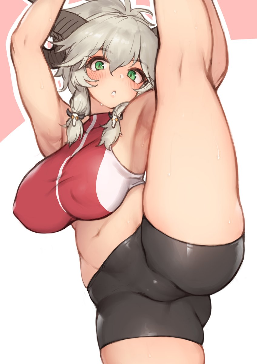 1girl armpits bike_shorts breasts covered_nipples gougasha_akira green_eyes highres horns indie_virtual_youtuber large_breasts looking_at_viewer navel non-web_source original solo split standing standing_on_one_leg standing_split