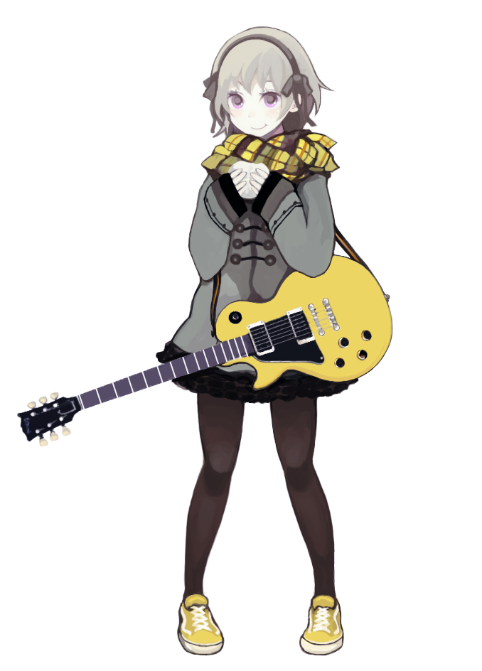 1girl baozi commentary_request eating electric_guitar food full_body gibson_les_paul grey_hair guitar hairband himao instrument jacket original pantyhose purple_eyes scarf shoes short_hair simple_background skirt smile sneakers solo white_background