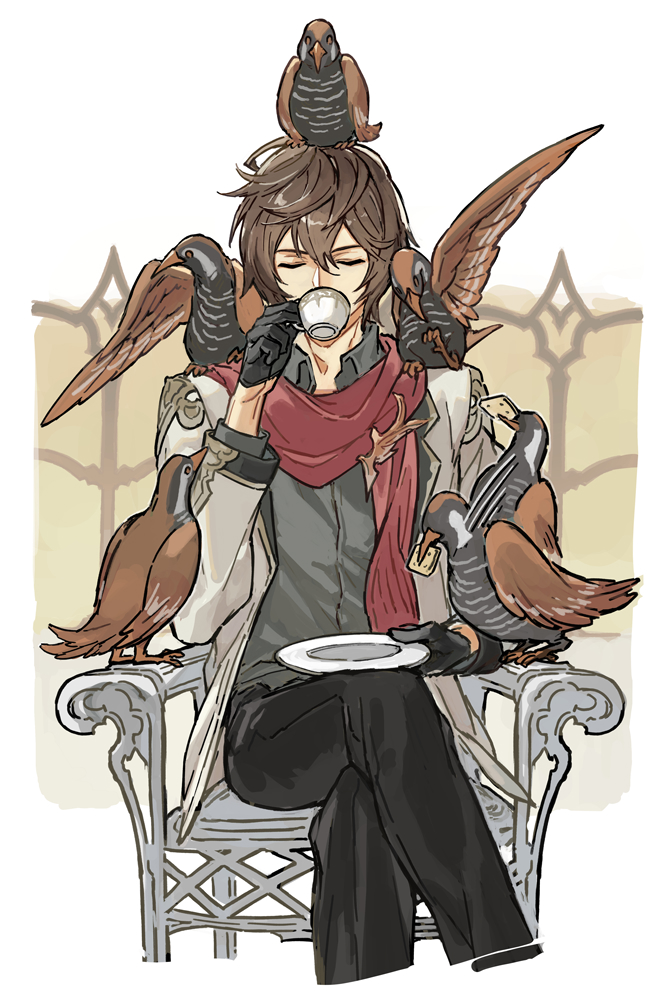 1boy 5others ahoge animal_on_head animal_on_shoulder bird bird_on_head bird_on_shoulder bishounen black_gloves black_pants brown_hair closed_eyes coffee coffee_cup commentary commentary_request cowboy_shot cracker crossed_legs cup dated_commentary disposable_cup drinking food gloves granblue_fantasy grey_shirt hair_between_eyes holding holding_cup j999 jacket layered_sleeves male_focus messy_hair multiple_others okinawa_rail on_chair on_head open_clothes open_jacket pants red_scarf sandalphon_(granblue_fantasy) sandalphon_(primarch_afterhours)_(granblue_fantasy) scarf shirt short_hair too_many too_many_birds