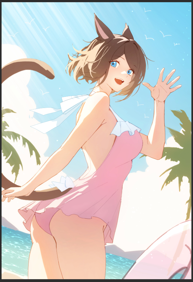 1girl animal_ears ass blue_eyes breasts brown_hair cat_ears cat_tail day dutch_angle final_fantasy final_fantasy_xiv large_breasts looking_at_viewer lyra-kotto miqo'te one-piece_swimsuit open_mouth outdoors palm_tree short_hair solo swimsuit tail tree