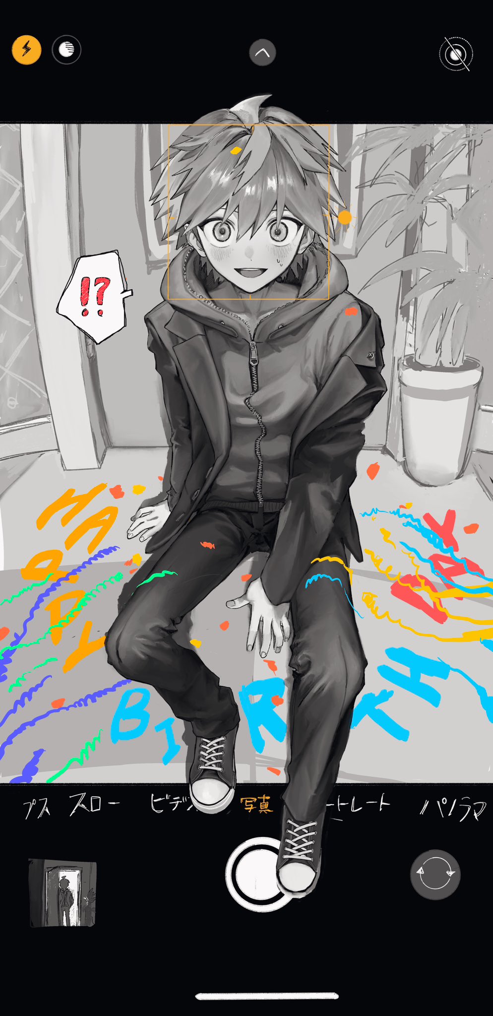 !? 1boy ahoge arm_behind_back between_legs black_footwear black_jacket black_pants blush clothes_pull danganronpa_(series) full-length_zipper full_body greyscale hair_between_eyes hand_between_legs hands_on_floor happy_birthday highres hood hoodie indoors jacket jacket_pull knees_up looking_at_viewer male_focus monochrome naegi_makoto on_floor pants picture_frame plant potted_plant redramcvcvcv shoes short_hair sitting smile sneakers solo surprised teeth upper_teeth_only wide-eyed zipper